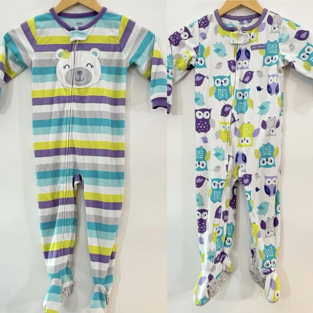 Carters 3T Pajamas One Piece Full Zipper Girls Owls Bear Purple Green Fleece Lot